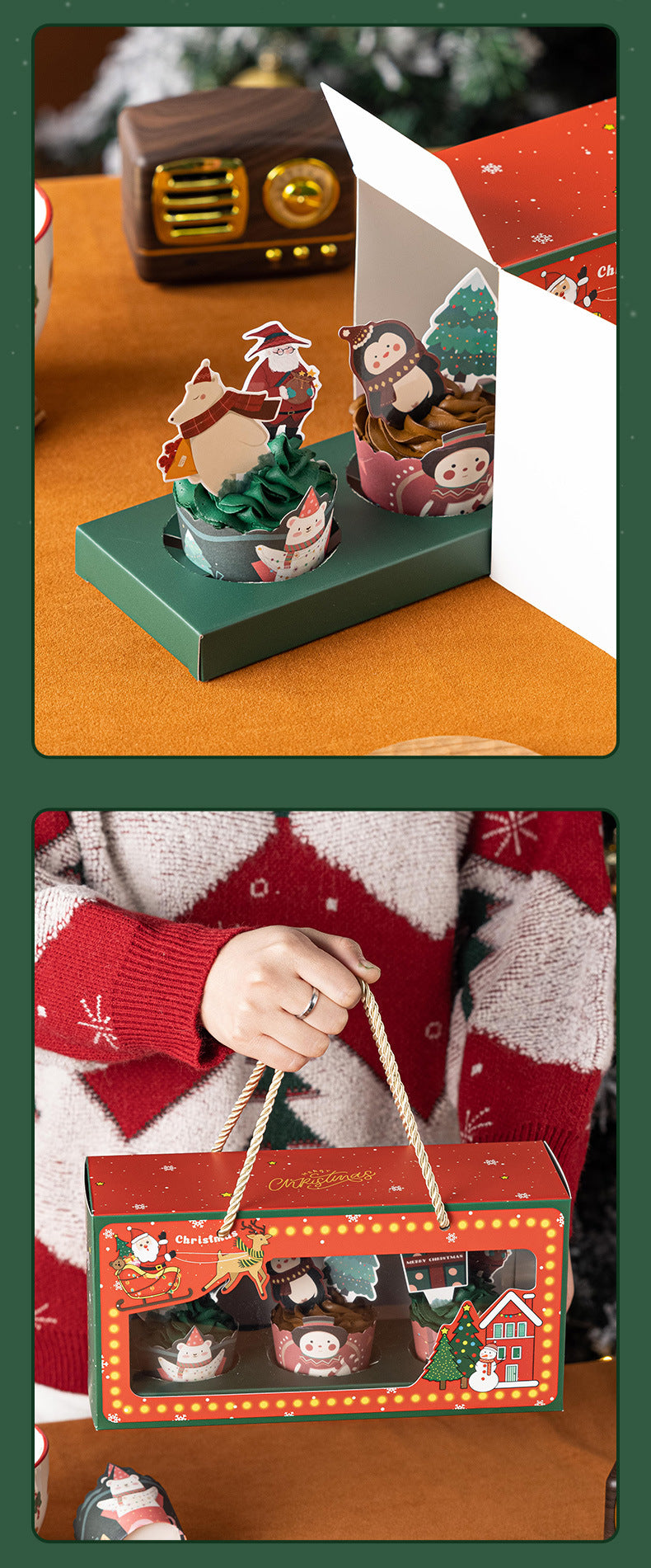 Christmas Cupcake Boxes 3 Standard Size Cupcake Carrier with Window 5 Packs